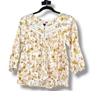 Hester Orchard Floral Blouse Crochet Trim 3/4 Sleeve Top Size Small